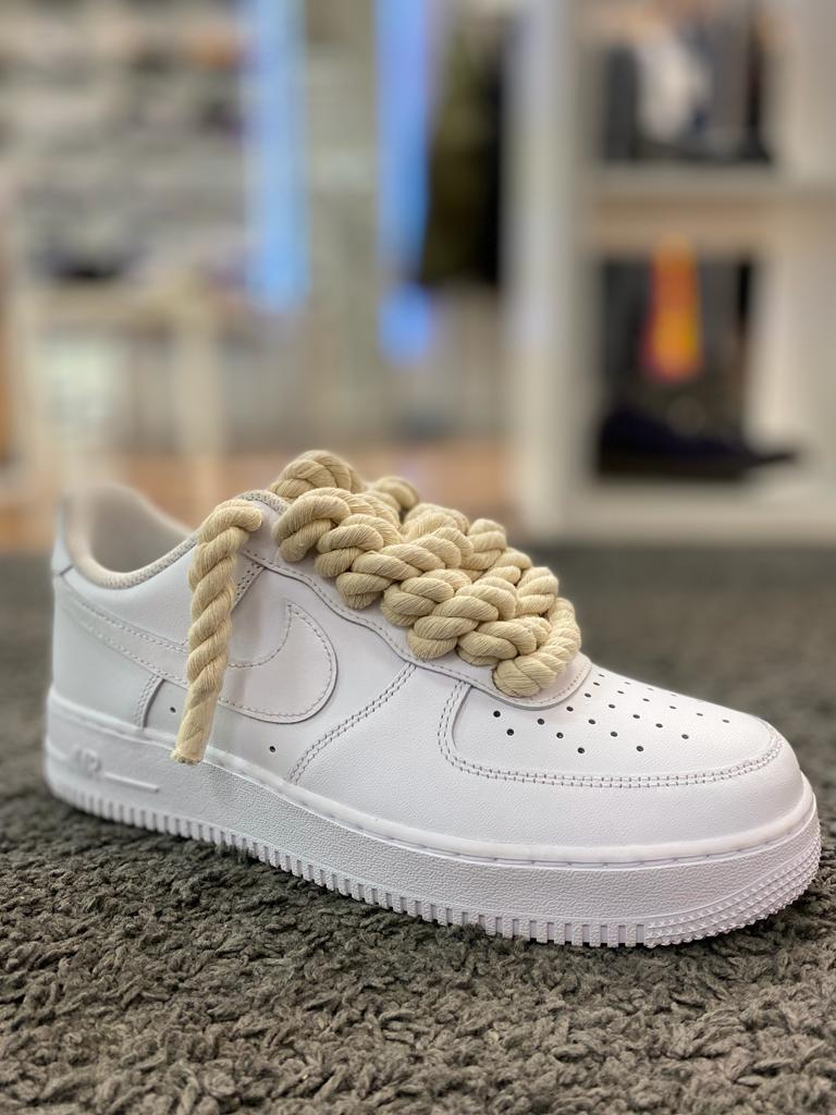 Custom AF1 White Leather Gray Chunky Rope Laces Black Air 